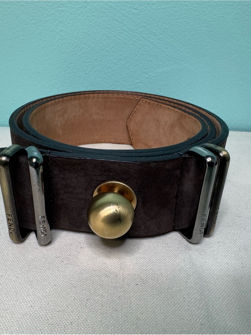 Fendi Dark Brown Suede Belt with Brass Knob and Silver Hardware